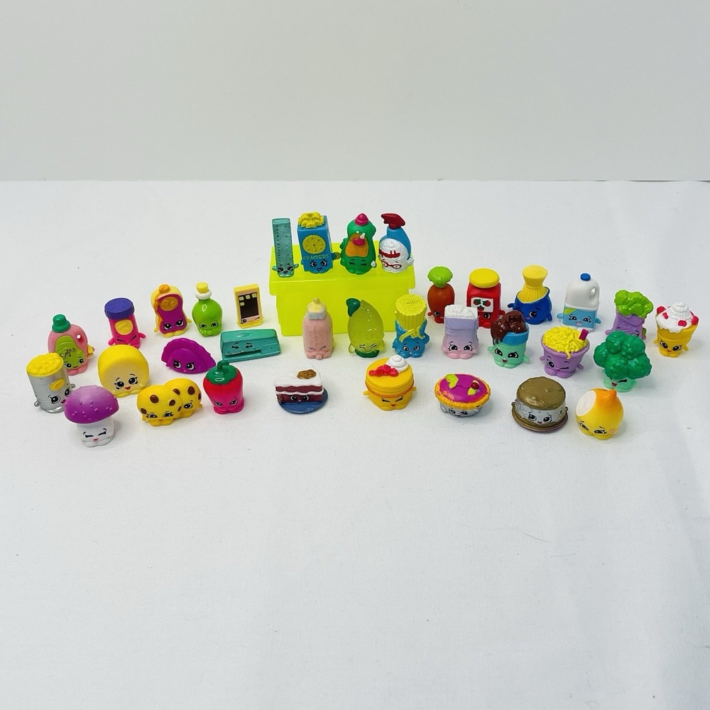 LOT Of 34 Shopkins Mini Figures Playset Moose Flocked Bottle Stapler Ruler Food
